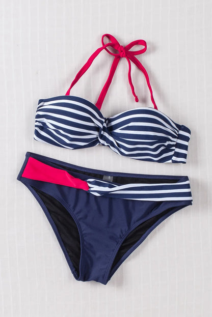 Blue Halter Bandeau Striped Bikini - Chic Meadow Boutique 