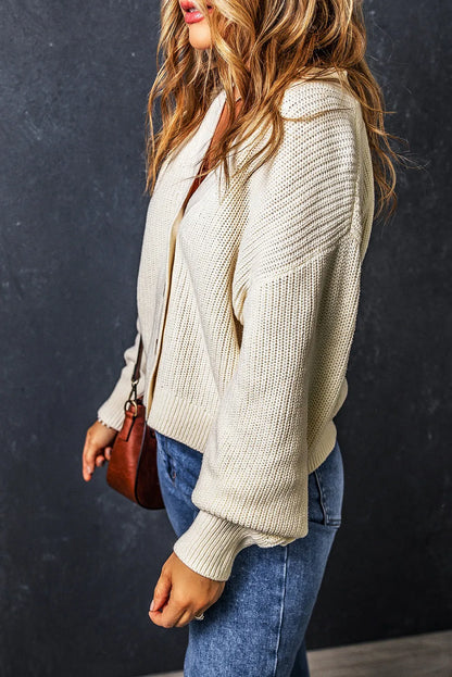 Beige Plain Knitted Buttoned V Neck Cardigan - Chic Meadow Boutique 