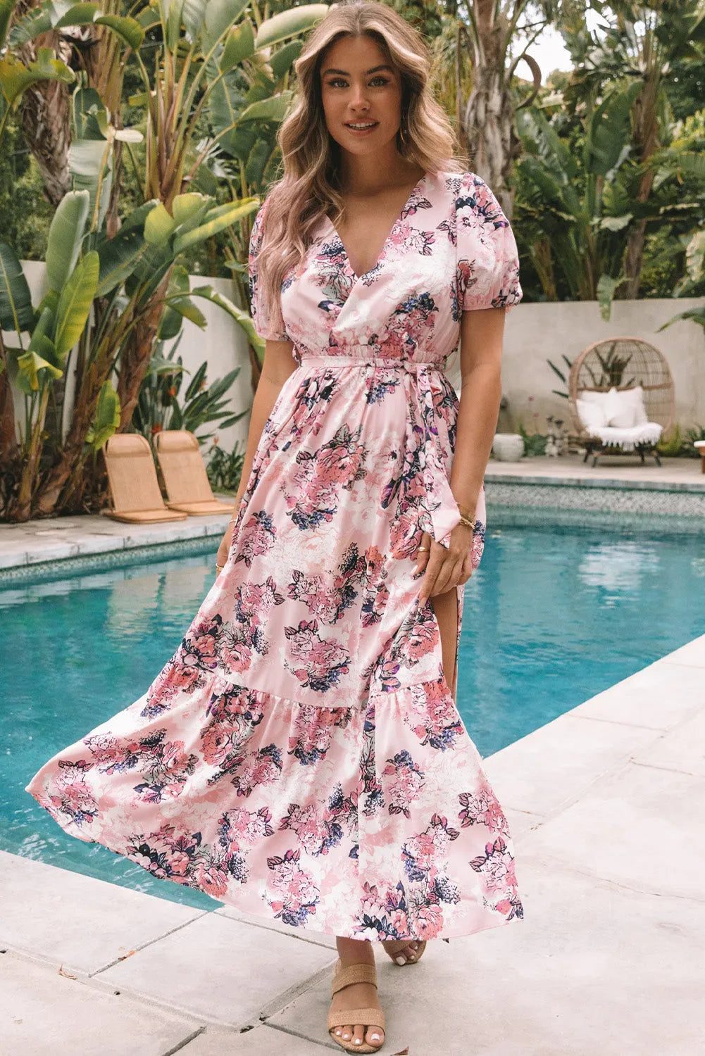 Pink Floral Puff Sleeve High Waist Maxi Dress - Chic Meadow Boutique 