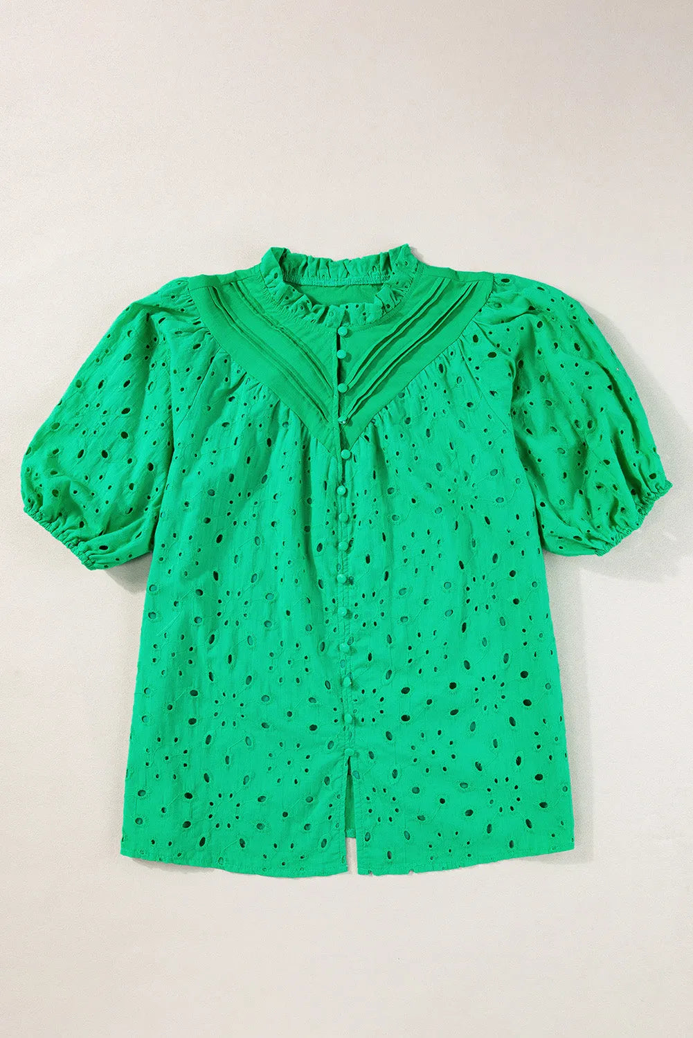 Green Flower Embroidered Hollow-out Puff Sleeve Blouse - Chic Meadow Boutique 