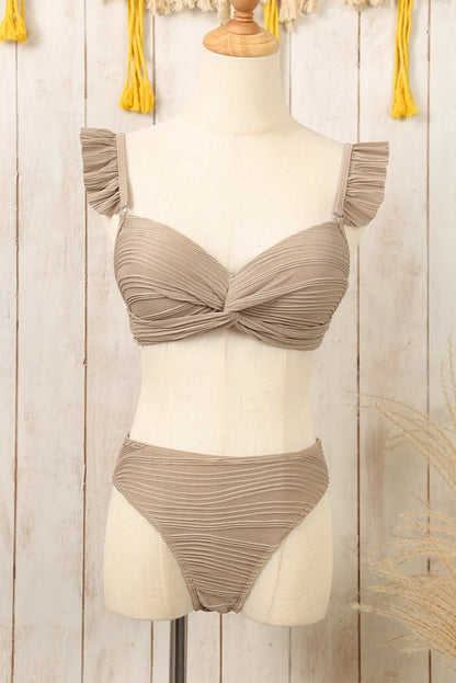 Pale Khaki Wavy Textured Ruffled Straps Twist Bikini Swimsuit - Chic Meadow Boutique 