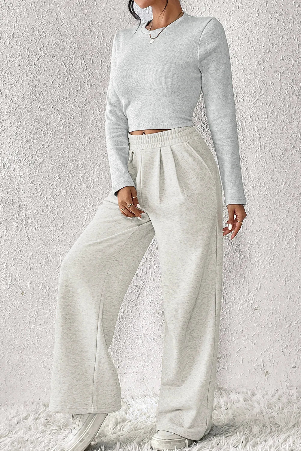 Beige Crop Top and Wide Leg Pants Two Piece Set - Chic Meadow Boutique 