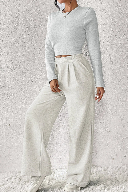 Beige Crop Top and Wide Leg Pants Two Piece Set - Chic Meadow Boutique 