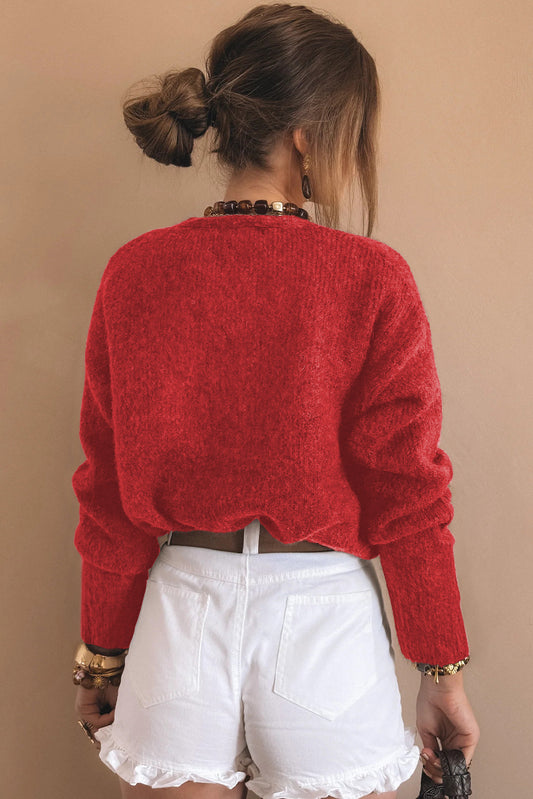 Fiery Red Heart Metal Button V Neck Cardigan Sweater
