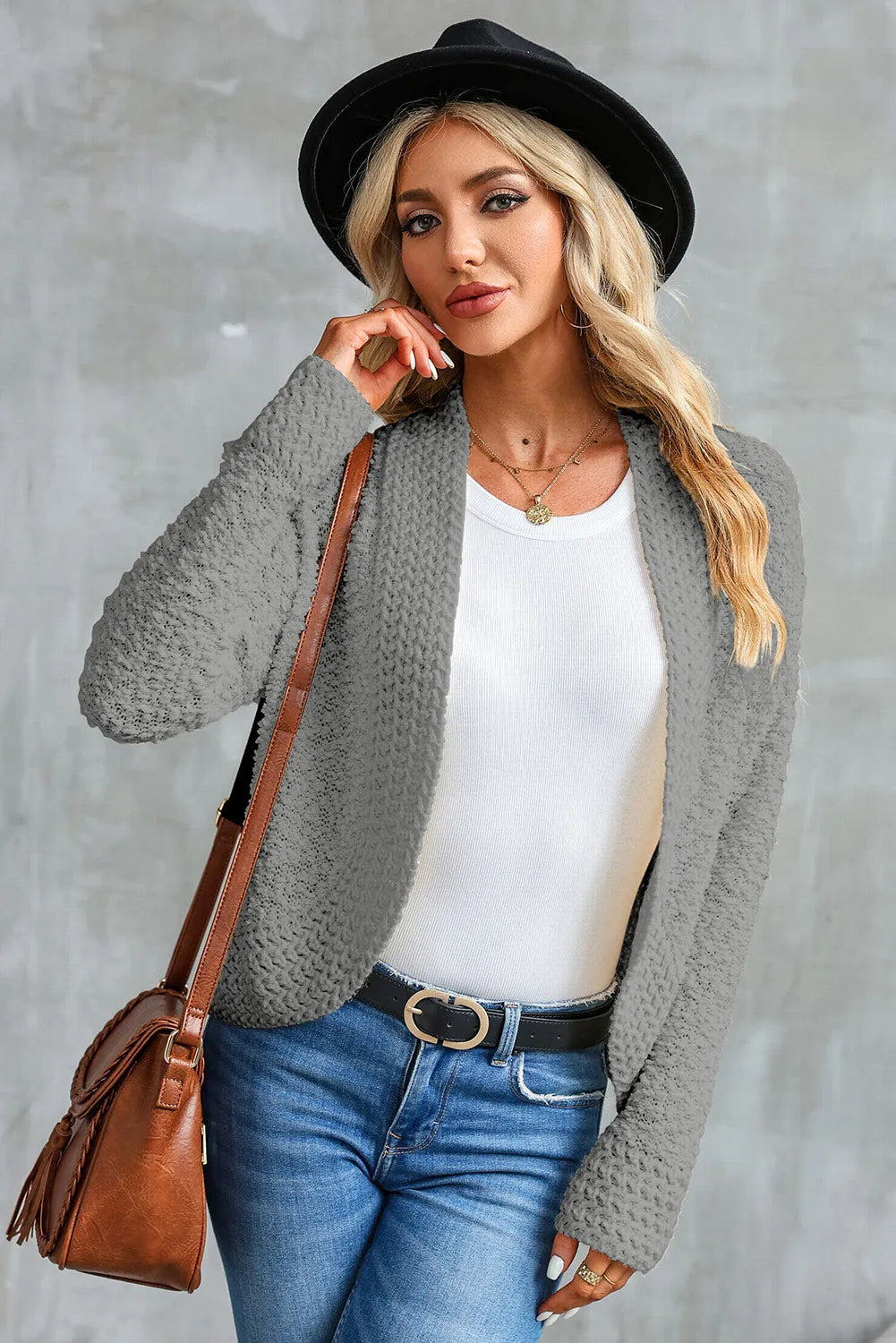 Gray Popcorn Knit Open Front Cardigan - Chic Meadow Boutique 