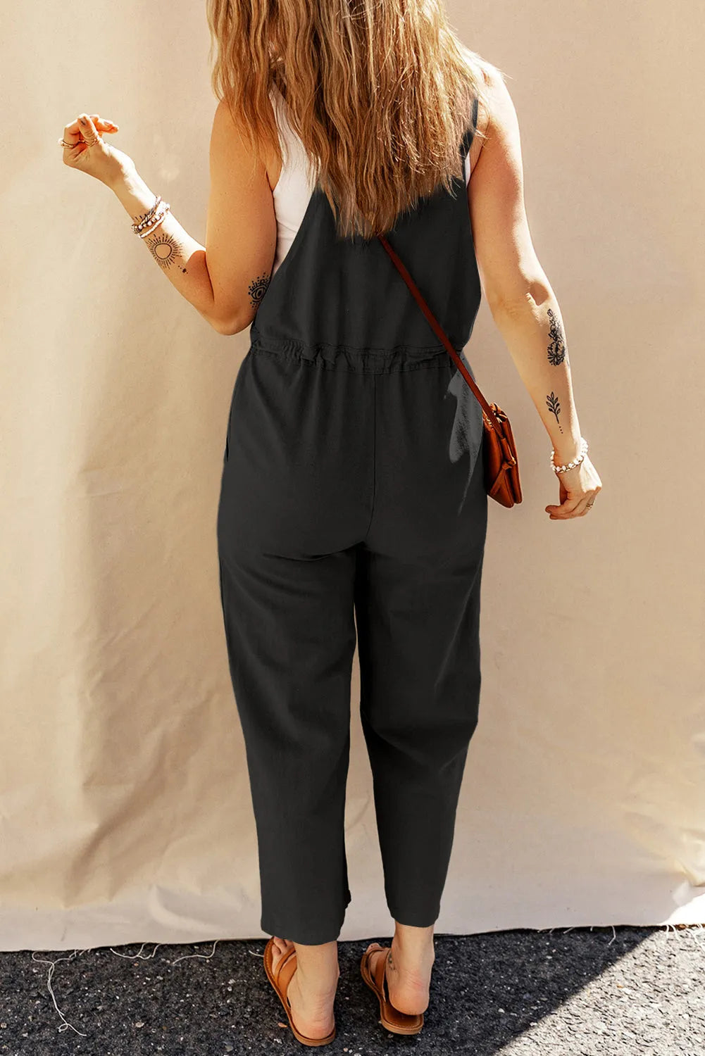 Black Drawstring Buttoned Straps Cropped Overall - Chic Meadow Boutique 