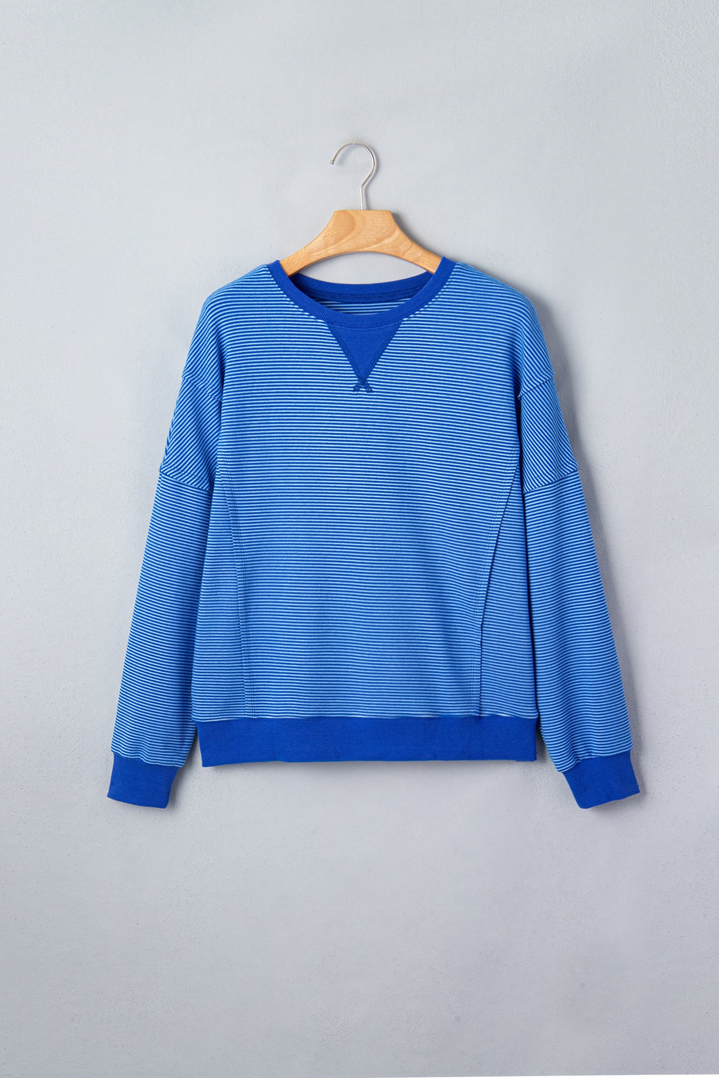 Blue Stripe Ribbed Cuffs Hem Long Sleeve Pullover Top