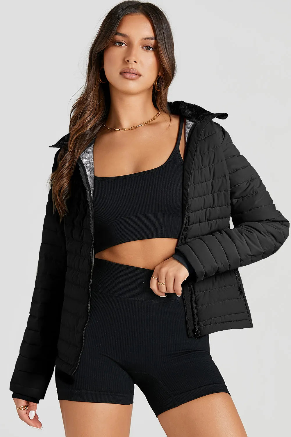 Black Solid Color Quilted Zip-up Puffer Jacket - Chic Meadow Boutique 