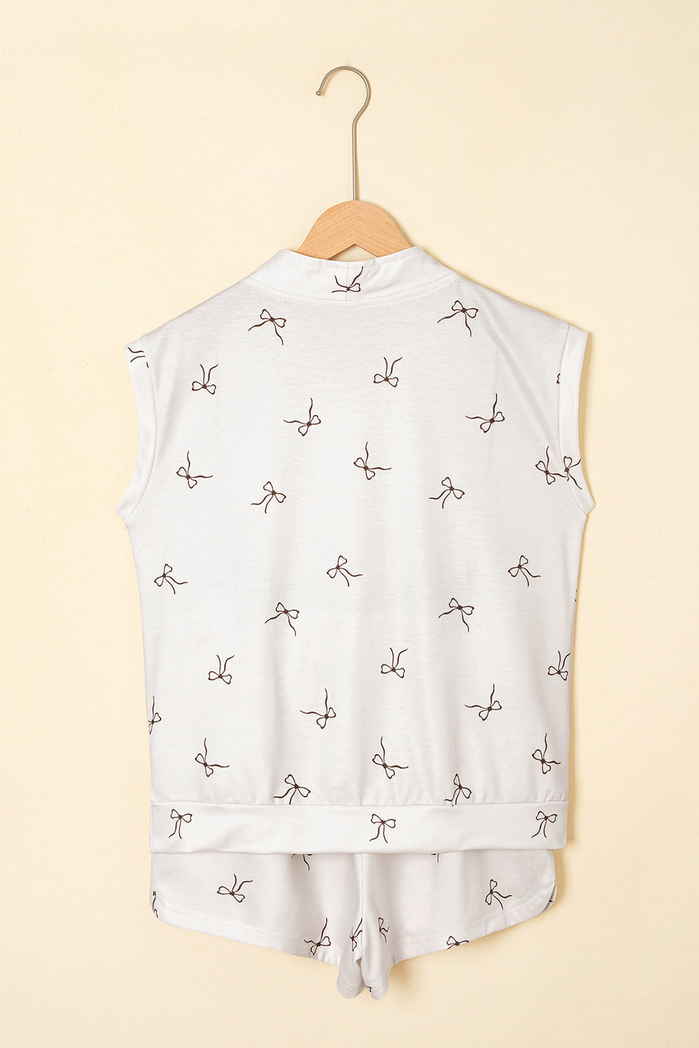 Beige Bow Print Half Zip Tank and Shorts 2pcs Set