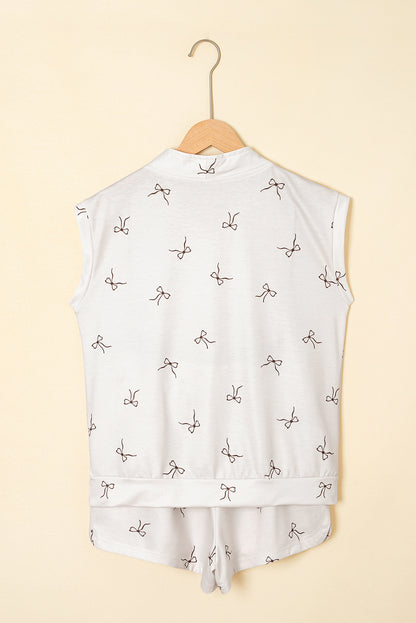 Beige Bow Print Half Zip Tank and Shorts 2pcs Set