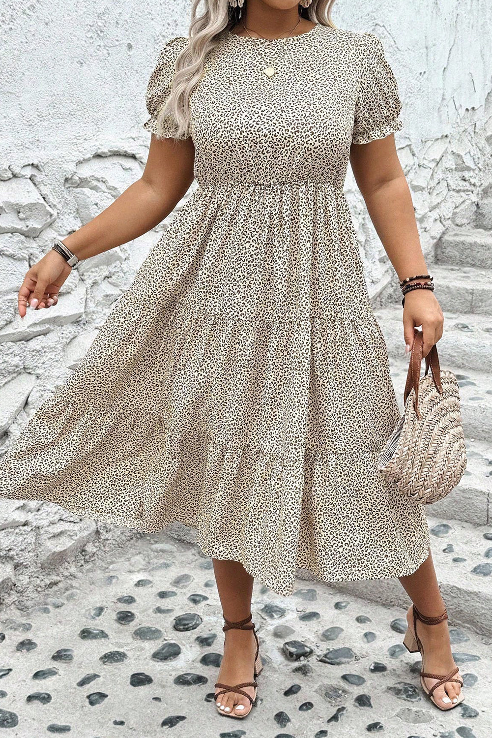 Beige Plus Size Leopard Print Frill Trim Short Sleeve Flared Dress