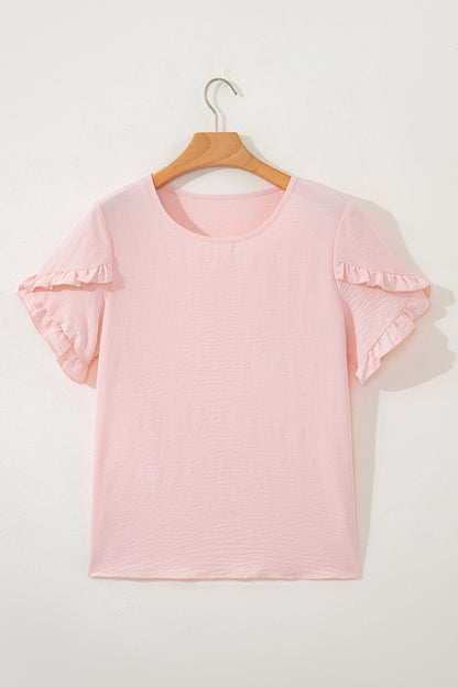 Light Pink Solid Color Ruffle Trim Short Sleeve Blouse