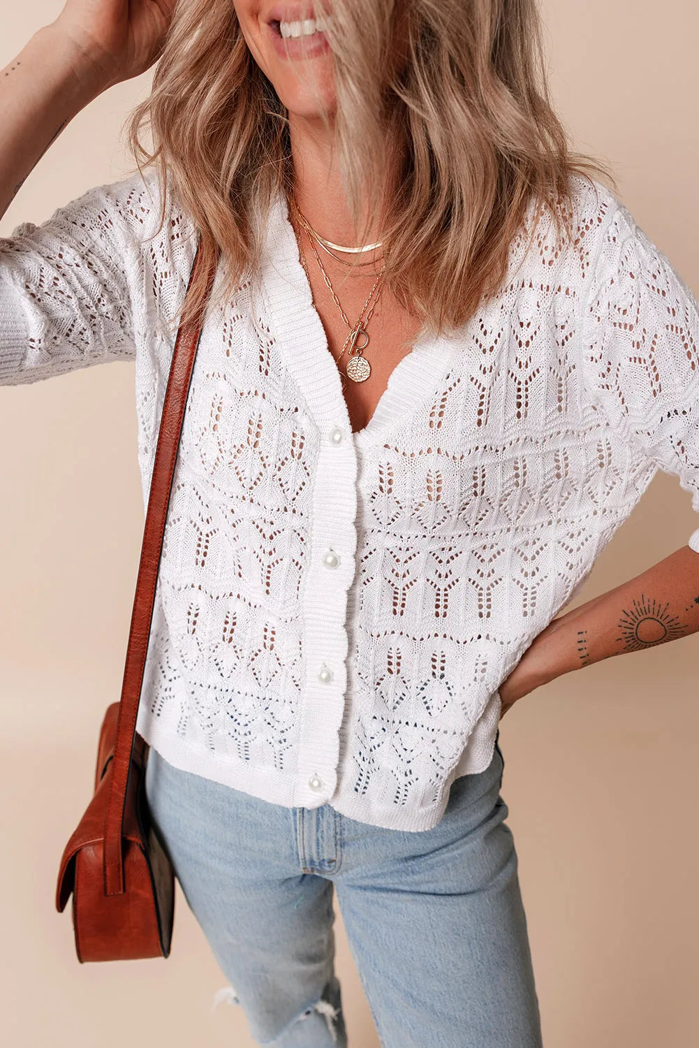 White Frenchy Hollow Out Knitted V Neck Cardigan - Chic Meadow Boutique 