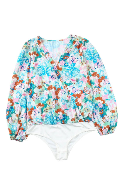 Sky Blue Floral Print Wrap Long Sleeve Bodysuit - Chic Meadow Boutique 