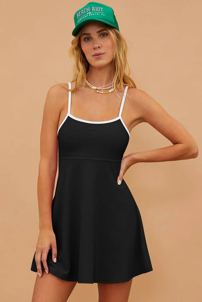 Black Sporty Ribbed Spaghetti Straps One Piece Swimdress - Chic Meadow Boutique 