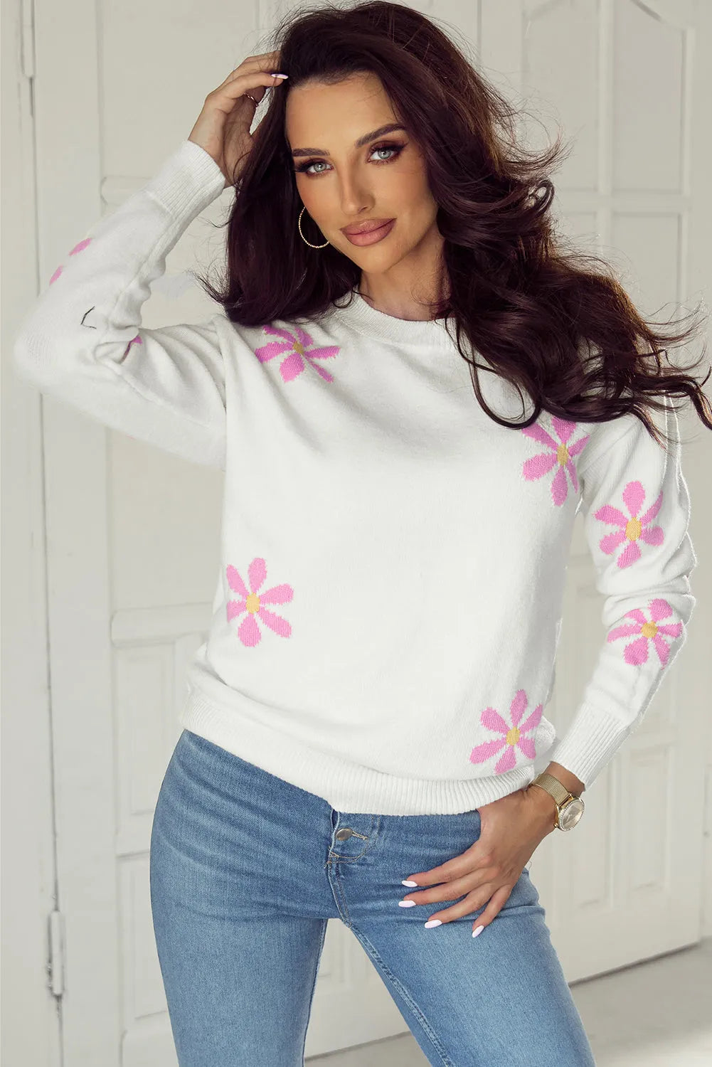 White Flower Pattern Ribbed Edge Elegant Sweater - Chic Meadow Boutique 