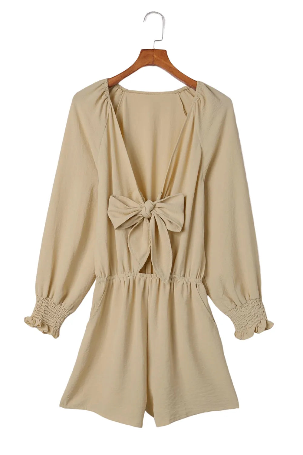 Beige Tie Knot Puff Long Sleeve Romper - Chic Meadow Boutique 