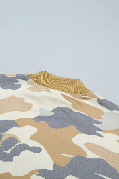 Multicolour Camouflage Print Long Sleeve Top Drawstring Shorts Set