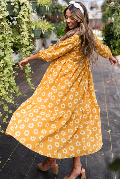 Yellow Flower Print Bracelet Sleeve Buttons Collared Maxi Dress - Chic Meadow Boutique 