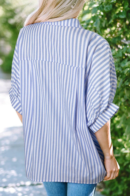 Sky Blue Stripe Dolman Sleeve Oversize Shirt - Chic Meadow Boutique 