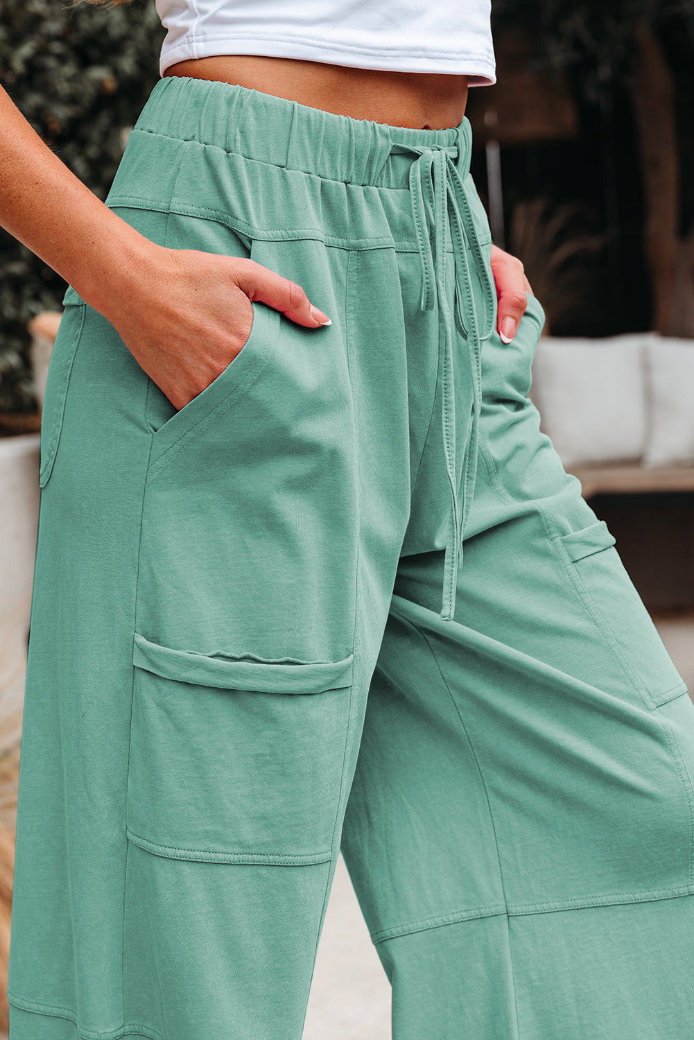 Mint Green Mineral Wash Exposed Seam Drawstring High Waist Wide Leg Cargo Pants