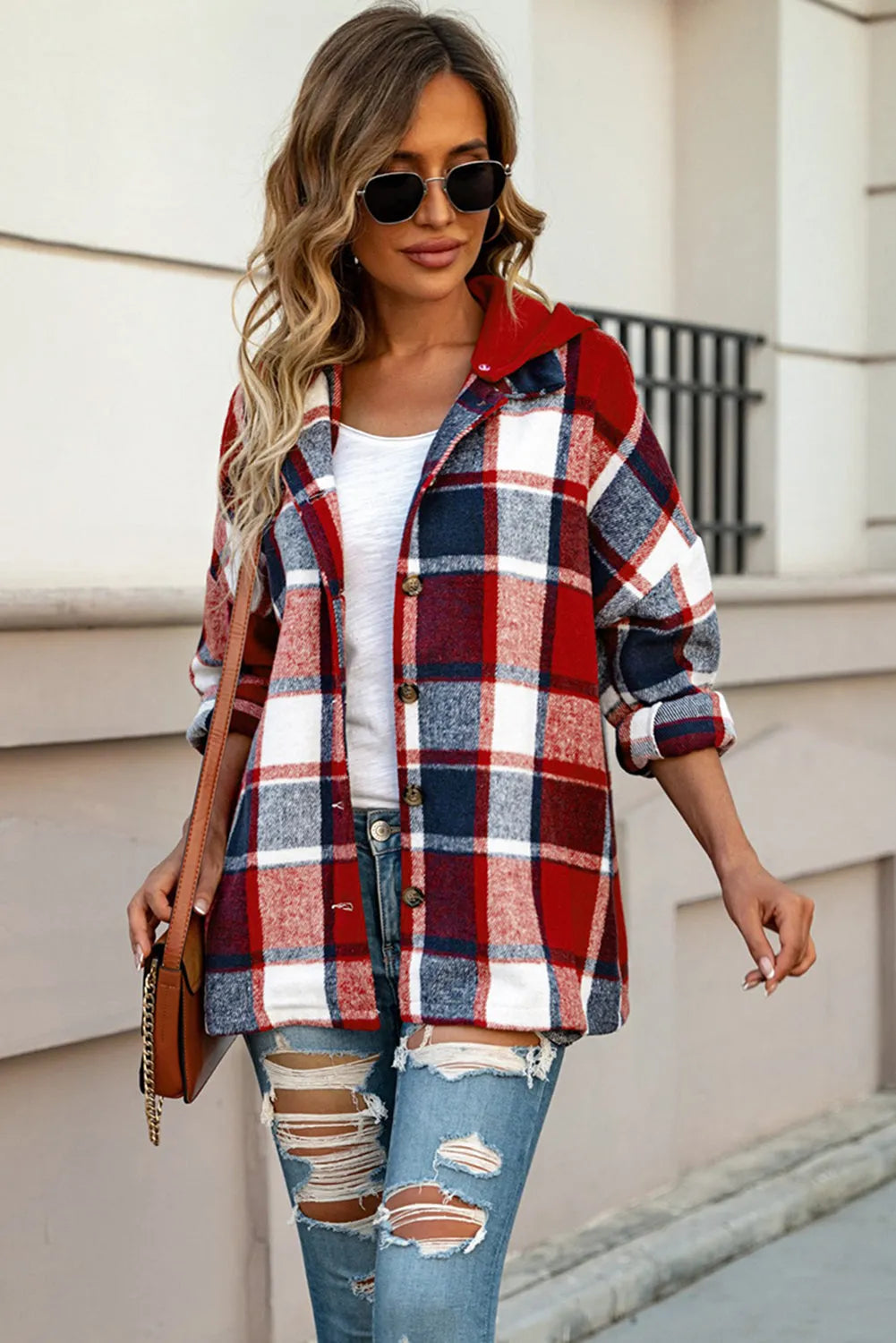 Fiery Red Hooded Plaid Button Front Shacket - Chic Meadow Boutique 