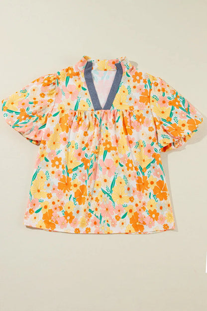 Multicolour Floral Print Bubble Sleeve V Neck Blouse - Chic Meadow Boutique 