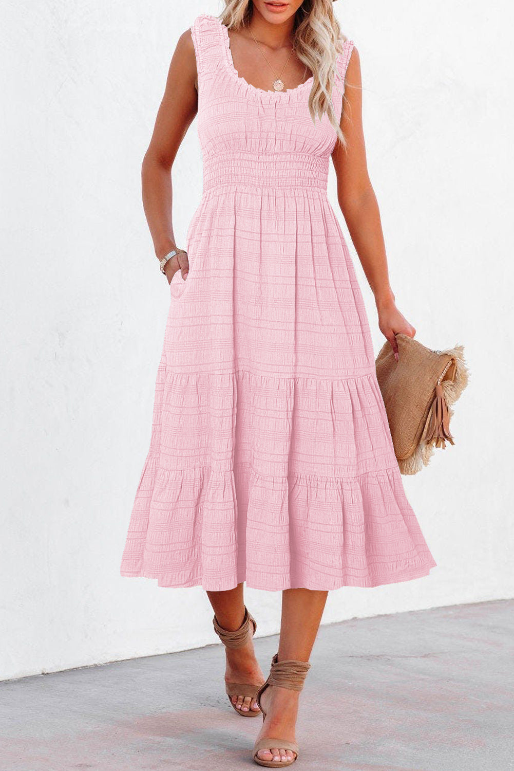 Pink Shirred Pleated Square Neck Sleeveless Midi Dress