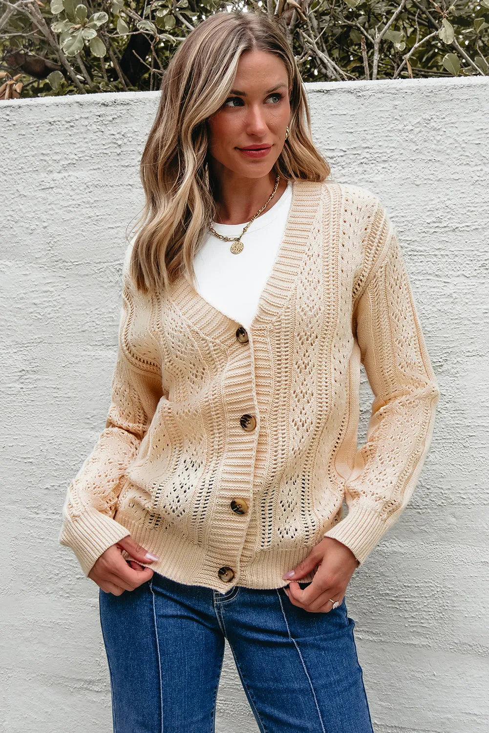 Beige Open Knit Drop Shoulder Sweater Cardigan - Chic Meadow Boutique 