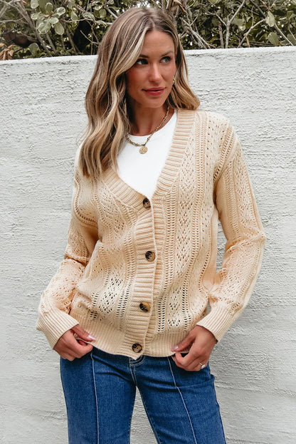 Beige Open Knit Drop Shoulder Sweater Cardigan - Chic Meadow Boutique 