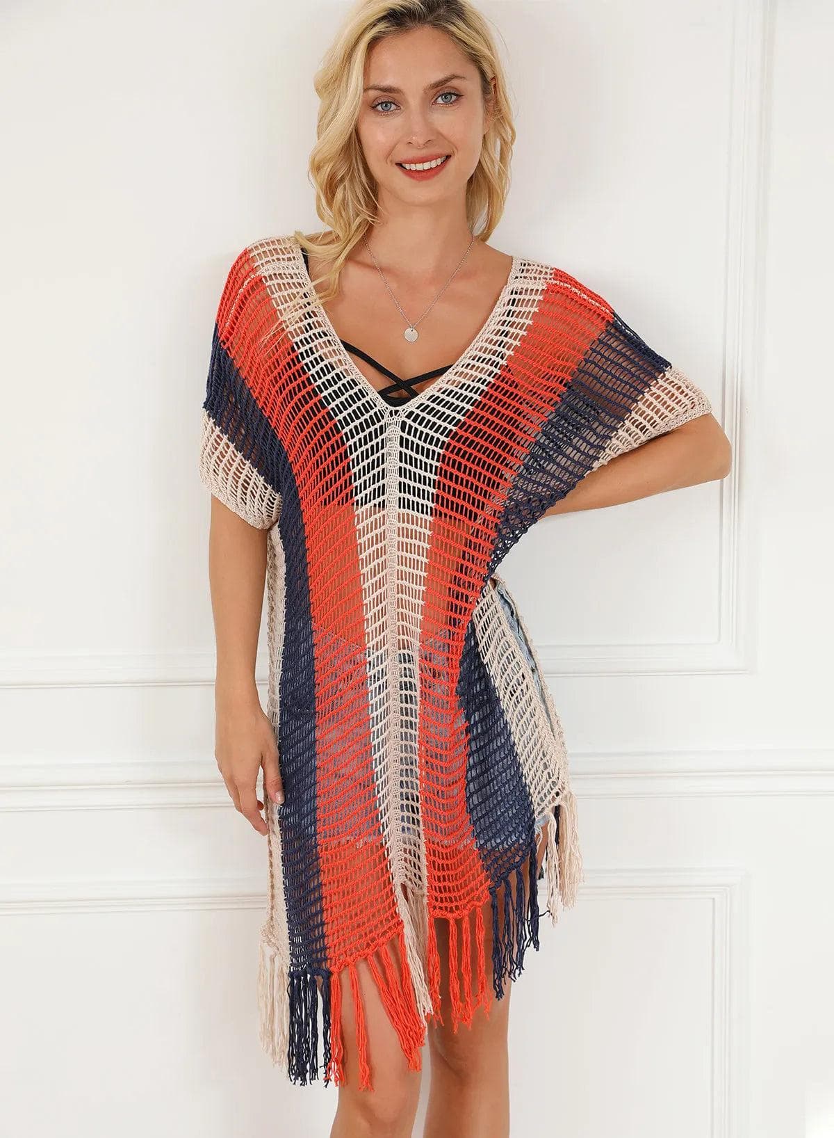 Swimwear/Beach Cover-ups Multicolor Striped Tassel Crochet V Neck Beach Cover Up