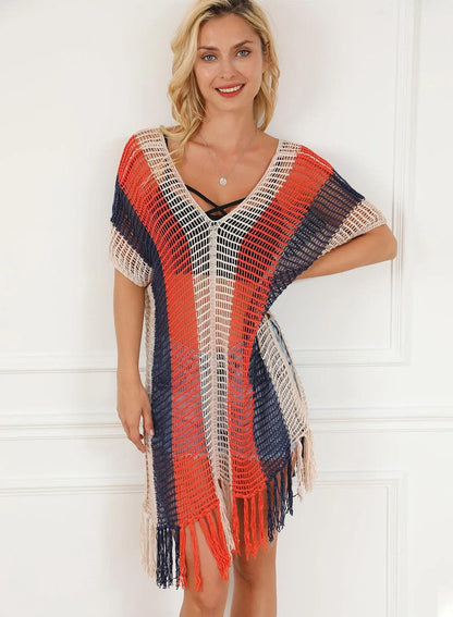 Swimwear/Beach Cover-ups Multicolor Striped Tassel Crochet V Neck Beach Cover Up