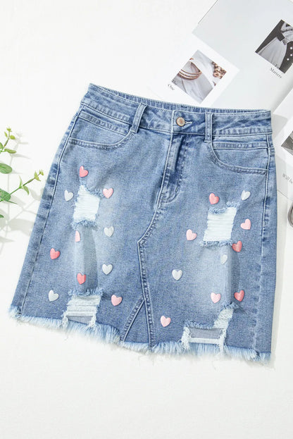 Beau Blue Shimmer Heart Pattern Distressed Denim Mini Skirt - Chic Meadow Boutique 