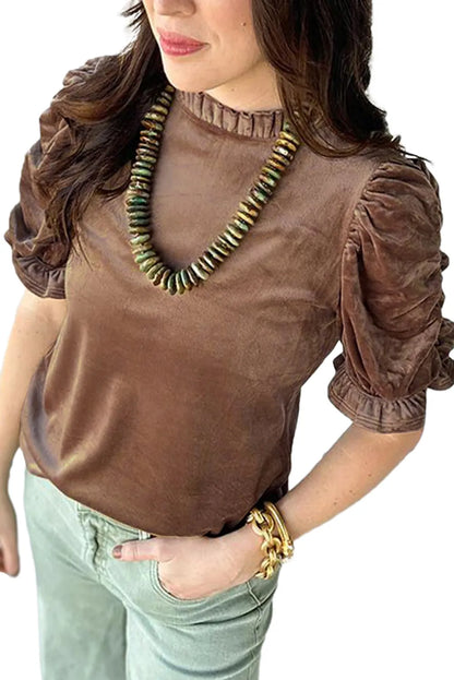 Camel Ruffled Arm Velvet Top - Chic Meadow Boutique 