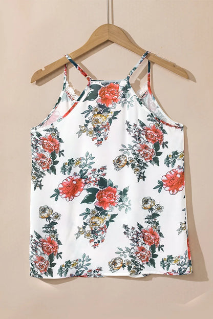 White Floral Print Lace V Neck Tank Top - Chic Meadow Boutique 