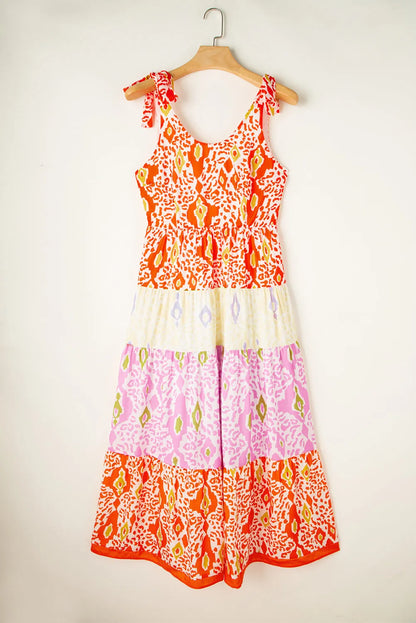 Orange Knotted Straps Leopard Colorblock Dress - Chic Meadow Boutique 