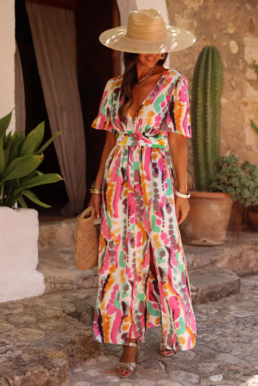 Pink Boho Tie-dye Print V Neck Maxi Dress - Chic Meadow Boutique 