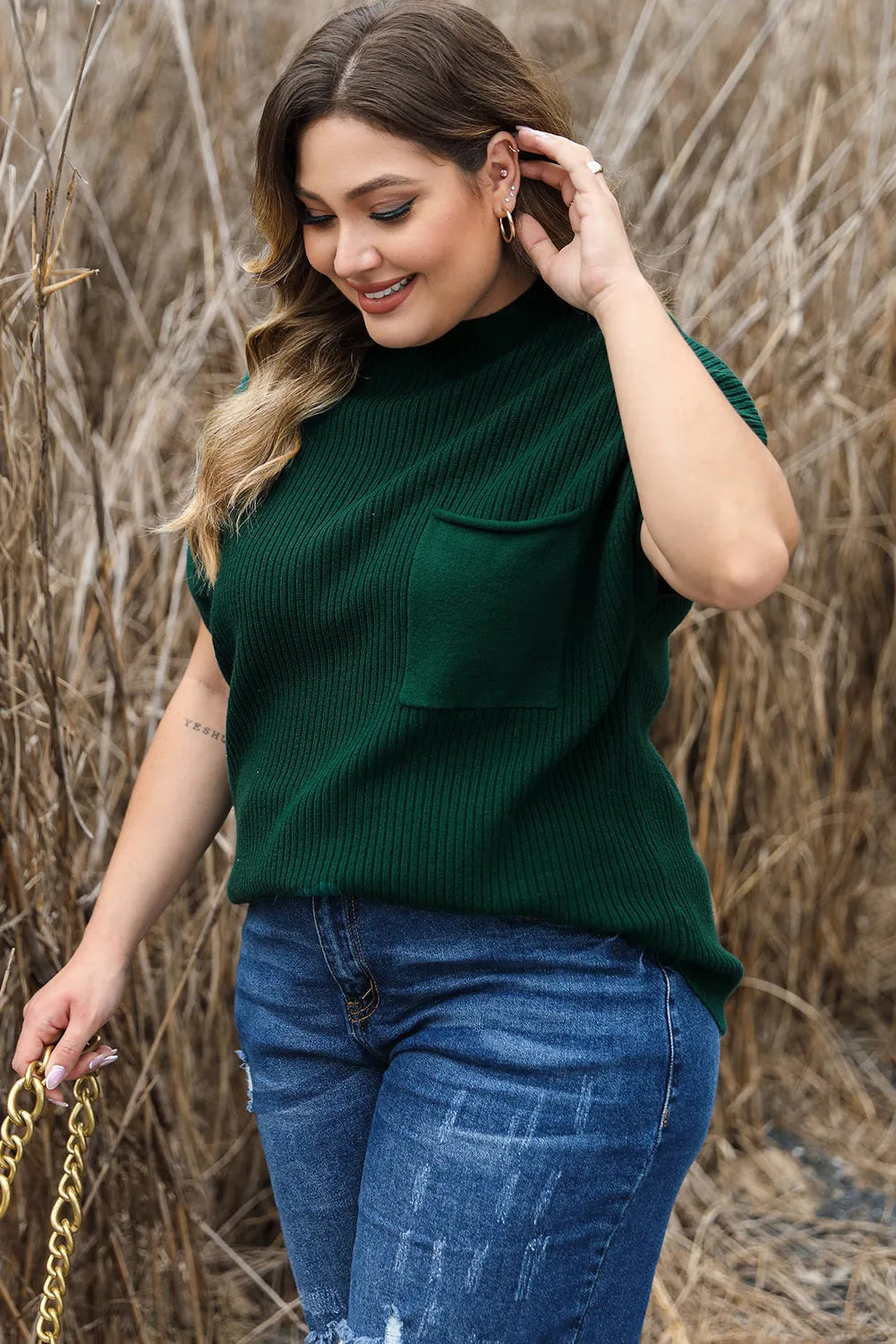 Jungle Green Plus Size Mock Neck Chest Pocket Short Sleeve Sweater - Chic Meadow Boutique 