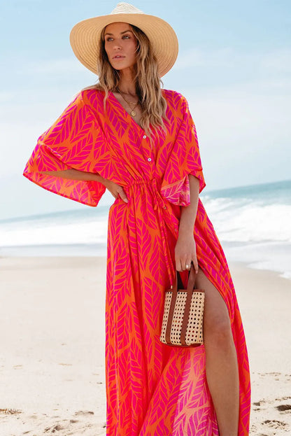 Orange Leafy Print 3/4 Sleeve V Neck Buttoned Split Maxi Dress - Chic Meadow Boutique 