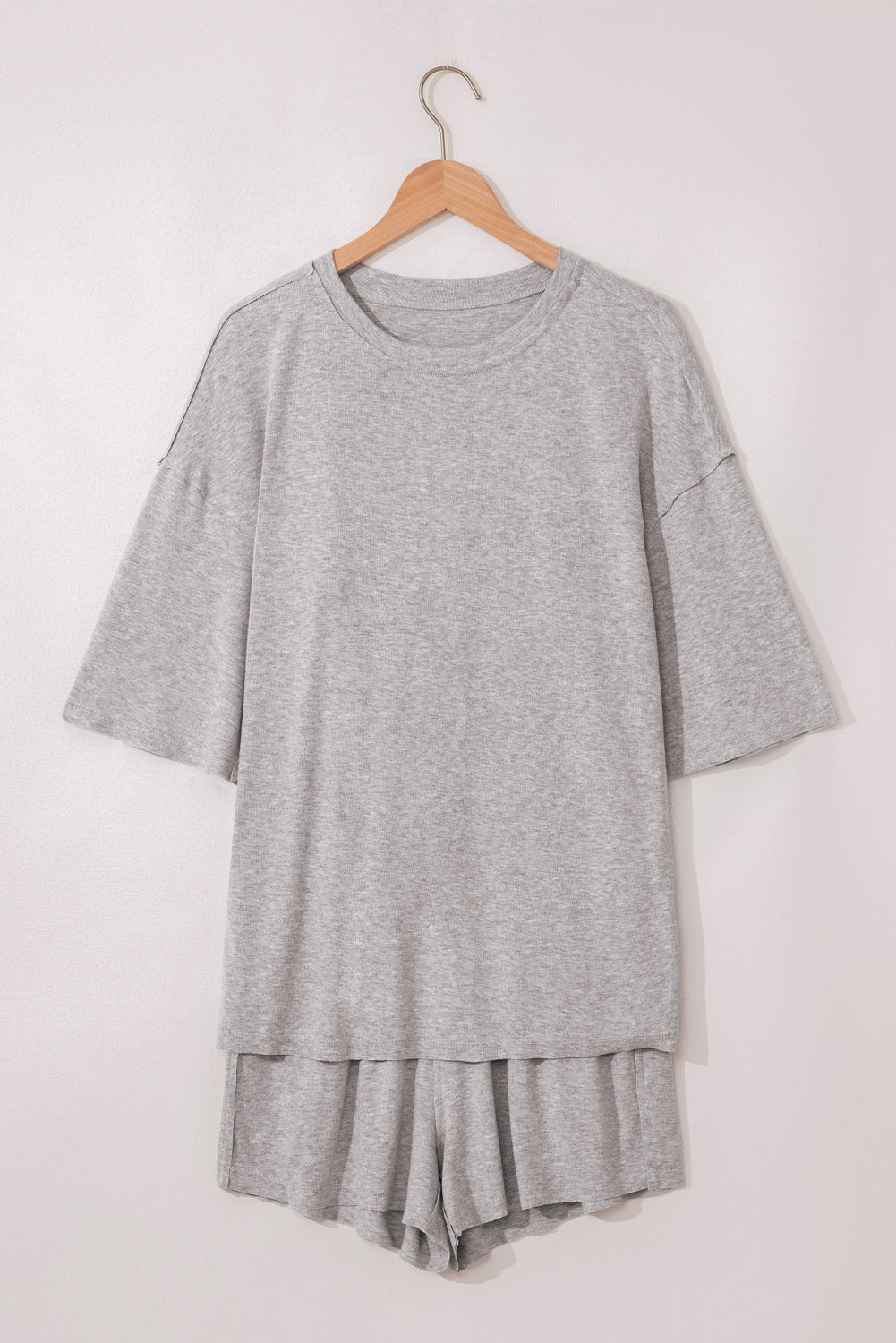 Gray Solid Color Loose Tee 2 Piece Shorts Set