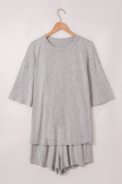 Gray Solid Color Loose Tee 2 Piece Shorts Set