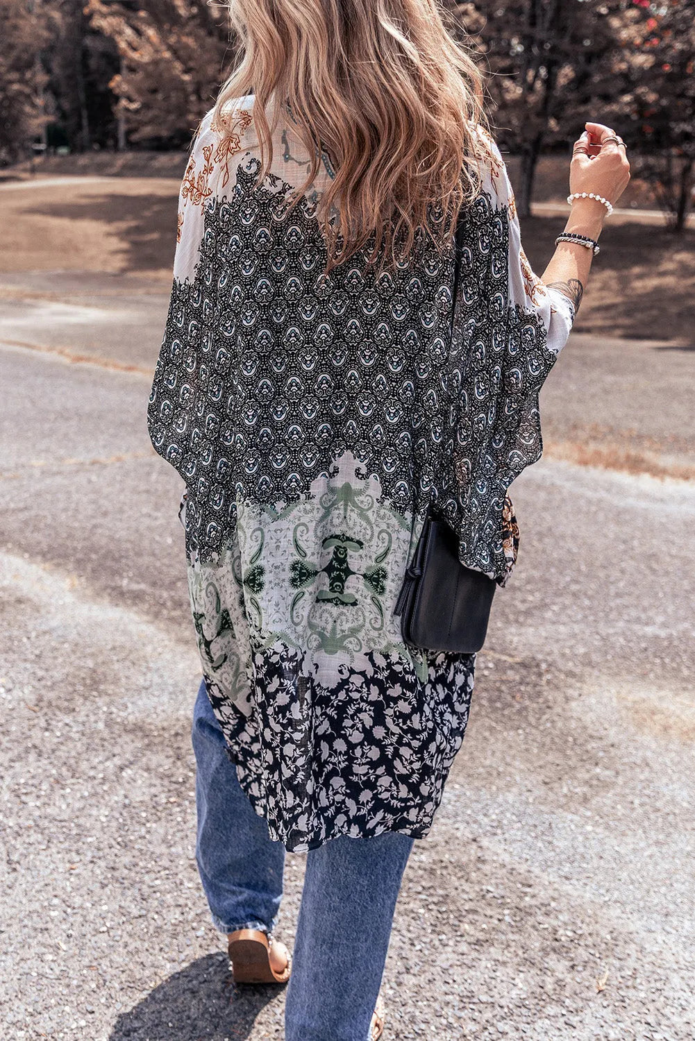 Green Boho Floral Print Irregular Hem Flowy Kimono - Chic Meadow Boutique 