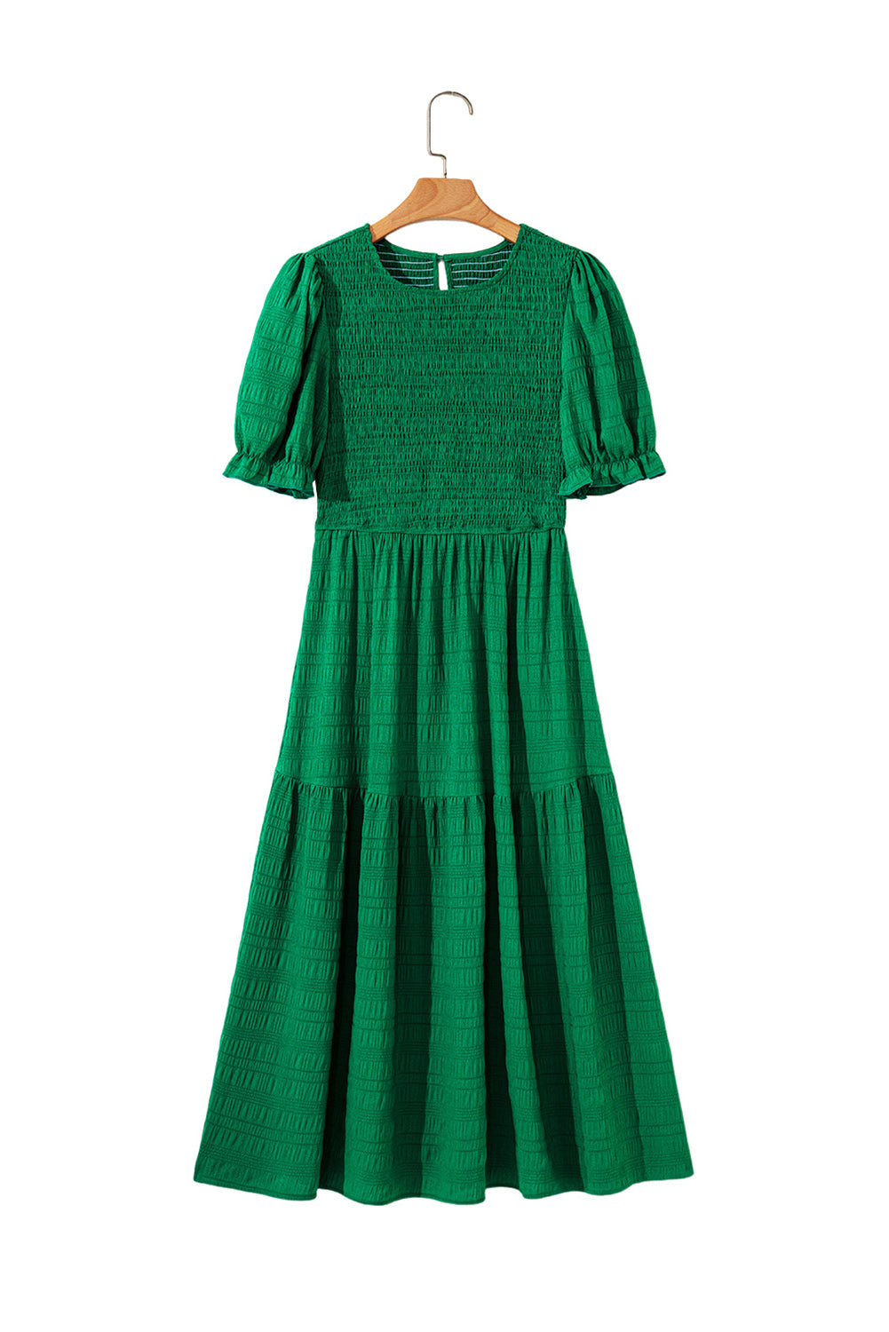 Dark Green Solid Textured Smocked Puff Short Sleeve High Waist Long Dress