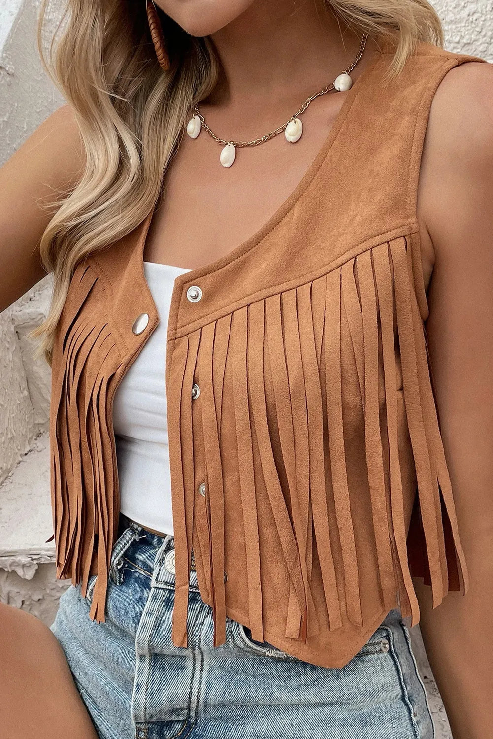 Camel Fringed Snap Button Front Suedette Vest - Chic Meadow Boutique 