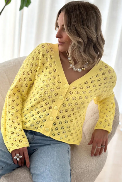 Yellow Pointelle Knit V Neck Sweater Cardigan - Chic Meadow Boutique 