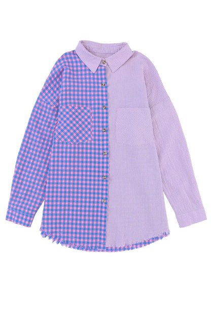 Purple Mixed Plaid Button Down Long Sleeve Chest Pocket Shirt - Chic Meadow Boutique 