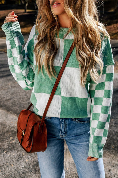 Mint Green Checkered Print Drop Shoulder Sweater - Chic Meadow Boutique 