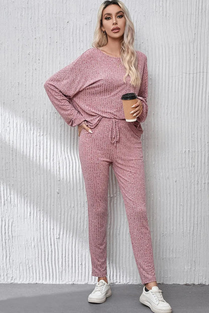 Two Piece Sets/Pant Sets Peach Blossom Ribbed Drop Shoulder Top and Knot Waist Leggings Set