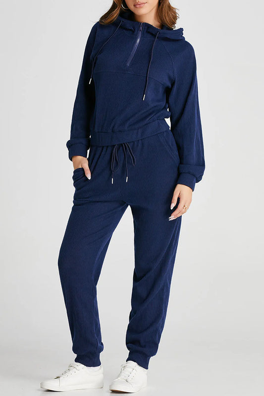 Navy Blue Ribbed Knit Cropped Hoodie and Drawstring Joggers Set - Chic Meadow Boutique 