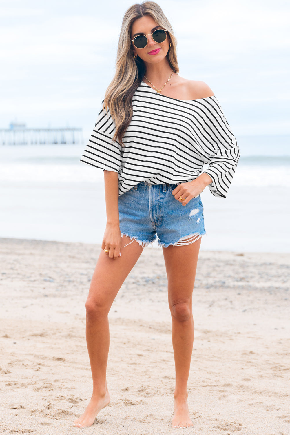Black Stripe Half Sleeve Scoop Neck Loose Top